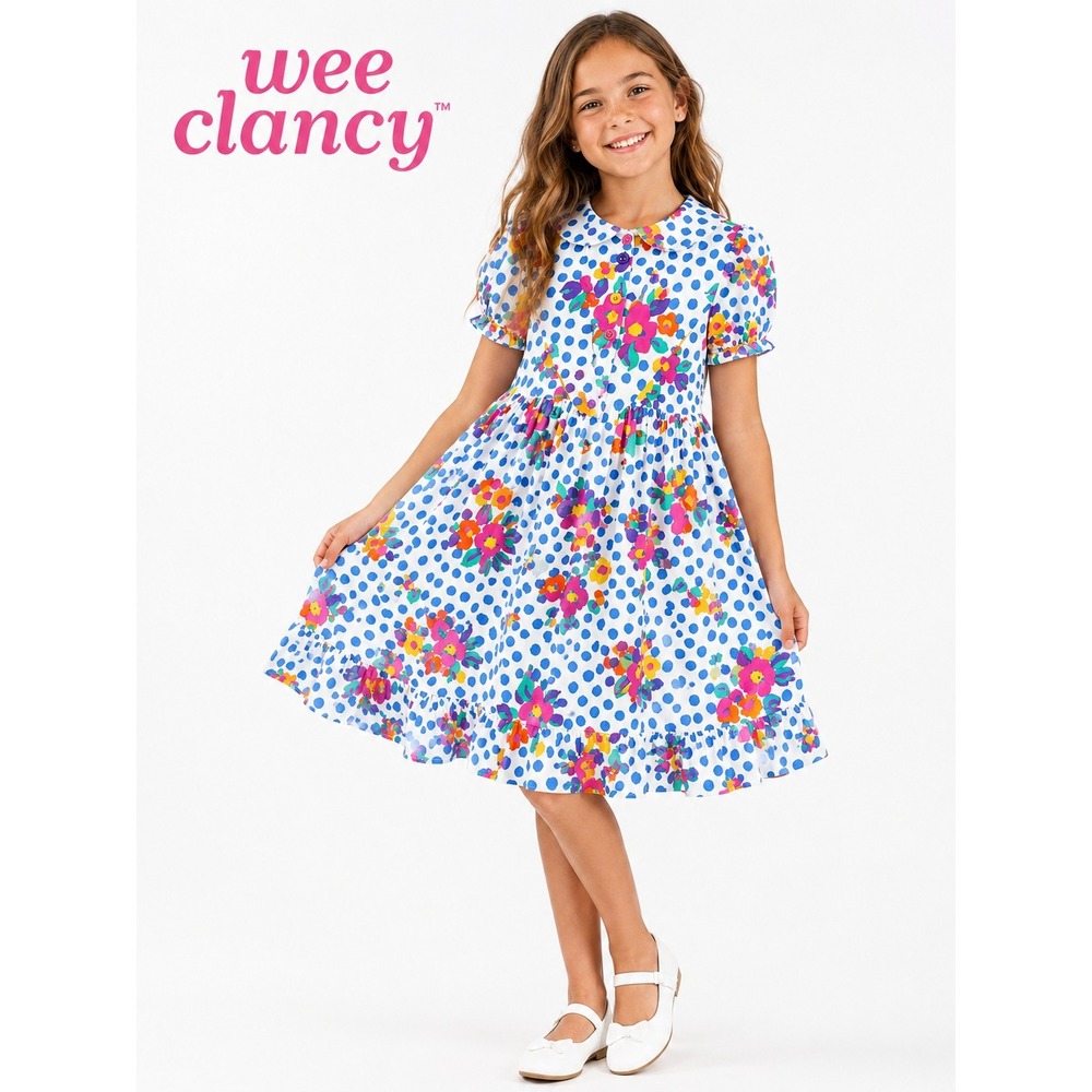 Wee Clancy Vintage Girls Floral Polka Dot Dress Size 7 USA Made Peter Pan Collar